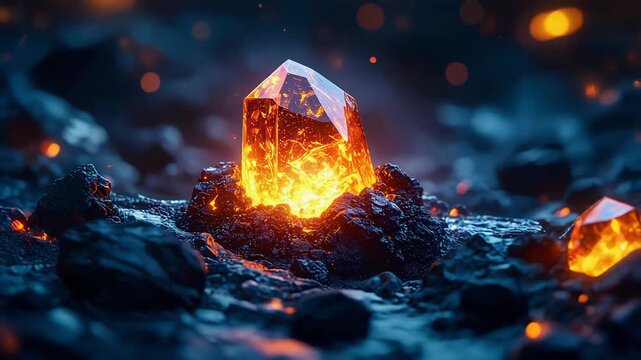 暗い地面で赤く発光する結晶が神秘的なエネルギーを放つ幻想表現