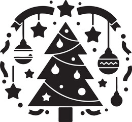 Black and white Christmas tree with hanging ornaments and stars 1
