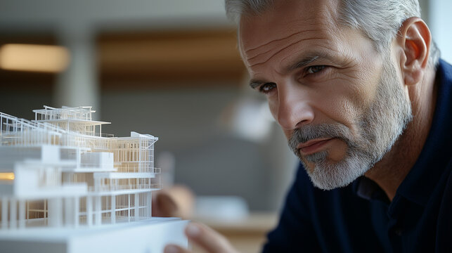 Architect Examining 3D-Printed Building Model with Holographic Blueprint Overlay, Modern Design and Innovation Concept. - Powered by Adobe