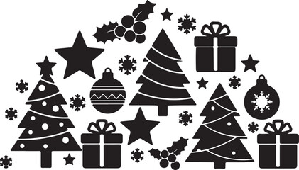 Black and white Christmas-themed with trees stars gifts and ornaments holiday