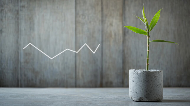 Bamboo Shoot Growing from Stone Crack Beside Upward Trend Chart, Resilient Growth and Natural Metaphor.