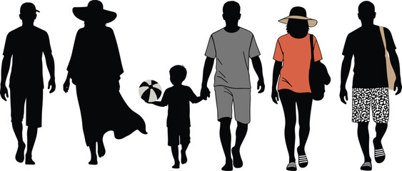 Silhouettes and colorful beachgoers walking together in summer attire, perfect for vacation, travel, and lifestyle themes © Shihab Sharar