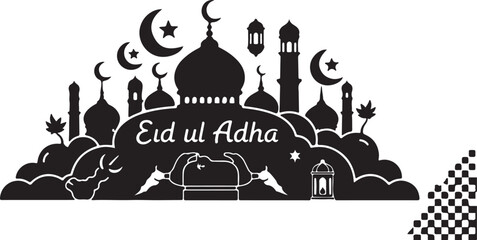 Black and white Eid ul Adha with mosque and crescent moons stars Islamic architecture