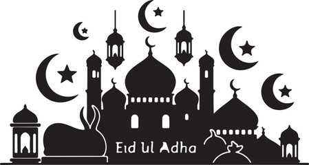 Black and white Eid Ul Adha with mosque domes crescent moons and stars minarets