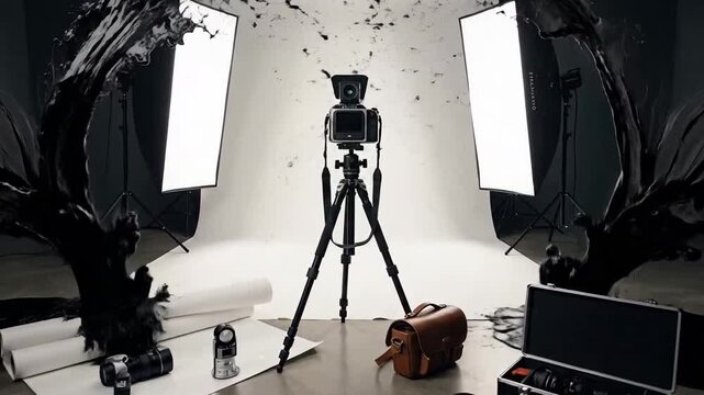 Professional photography studio setup with camera, lights, and accessories against a white background.