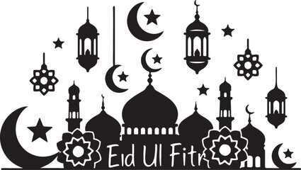 Black and white Eid Ul Fitr with mosque domes crescent moons and stars minarets