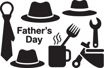 Black and white fathers day with hats ties and tools