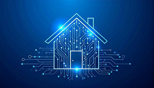 Smart home technology concept with glowing blue circuit house
