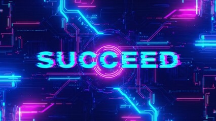 Neon Circuit Board with Succeed Text in Blue and Pink.