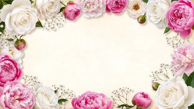 Beautiful floral border with pink and white roses and peonies