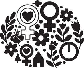 Black and white female symbols surrounded by flowers and nature heart