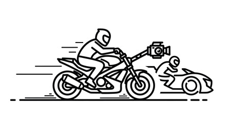 Line Art Motorcycle Rider with Camera Racing Car Illustration.