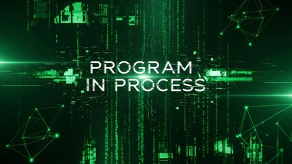 Futuristic digital background with program in process text and neon green circuit board design.