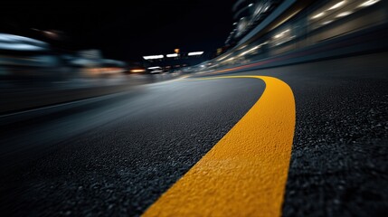 Route asphalt&eacute;e avec ligne jaune dans un virage nocturne urbain