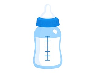A simple, cartoon illustration of a baby bottle filled with milk. It has a blue cap and a white nipple, on a white background