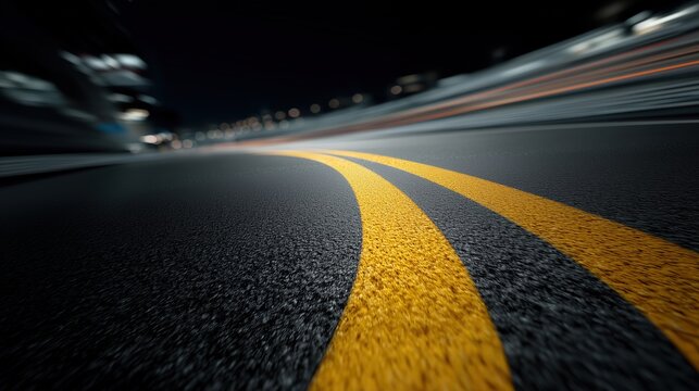 Route asphalt&eacute;e avec lignes jaunes dans un virage en mouvement nocturne