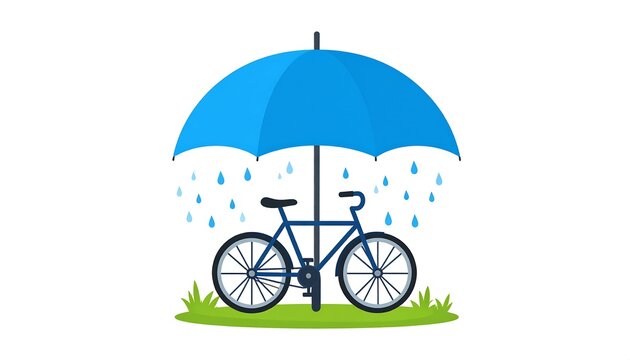 A simple, cartoon illustration of a bicycle parked on green grass under a large blue umbrella, with raindrops