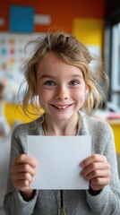 Fillette souriante aux cheveux blonds tenant une feuille blanche