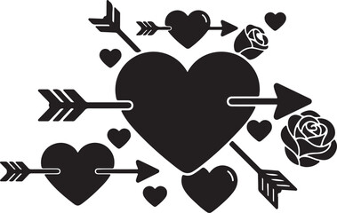 Black and white heart with arrows and roses love romance