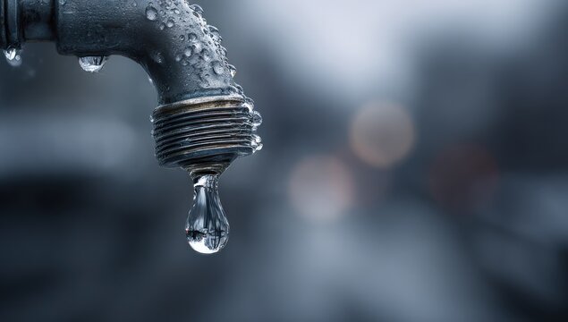 Close up of a dripping faucet with water droplets.