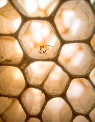 Honeycomb Cell with Bee Larva Inside, Close-Up View.