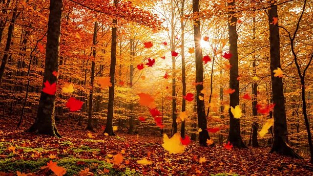 Leaf's Graceful Descent Close-up, tracking a single vibrant red or golden leaf as it gracefully twirls and falls through the air. autumn falling leaves