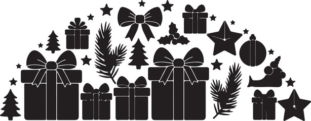 Black and white holiday themed with Christmas presents trees stars and bows wrapped gifts