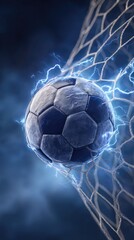 Fototapeta premium Dynamic soccer ball entering the net with electric energy visual
