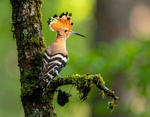 Hoopoe Perched on Mossy Branch - A Striking Bird Portrait.