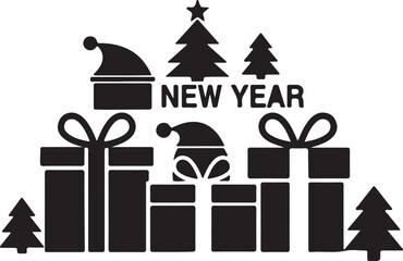 Black and white new year celebration with gifts and trees 1