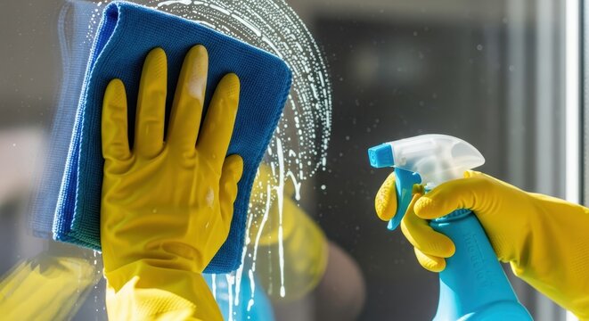 Housewife cleaning window glass with blue microfiber cloth and spray bottle during seasonal cleanup