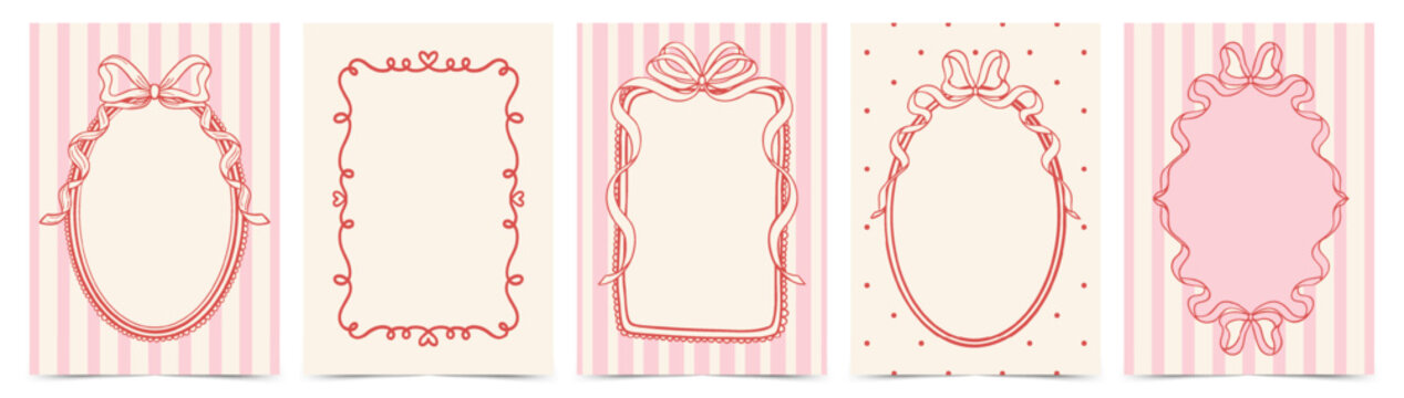 Trendy Vintage coquette ribbon frames and borders set. Doodle hand drawn romantic design template for Valentine&rsquo;s Day celebration,  greeting card, wedding invitation, birthday, poster, menu