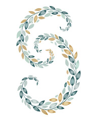 Fototapeta premium Elegant Swirl of Green and Gold Leaves Forming a Decorative Flourish on a White Background, Artistic Botanical Design Element