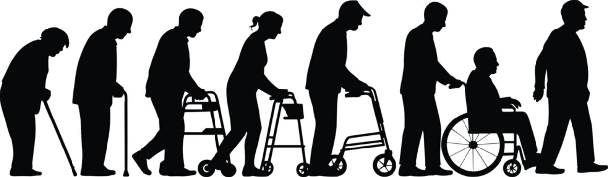 Silhouettes of elderly people using mobility aids including canes, walkers, and wheelchairs