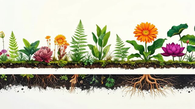 Detailed botanical illustration showcasing various plants and their root systems in the soil.