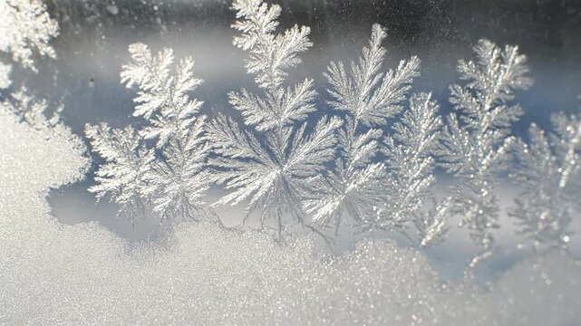 Frosted Window Patterns Detailed shots of delicate ice crystal formations creating beautiful, fractal patterns on a windowpane, illuminated by soft winter light