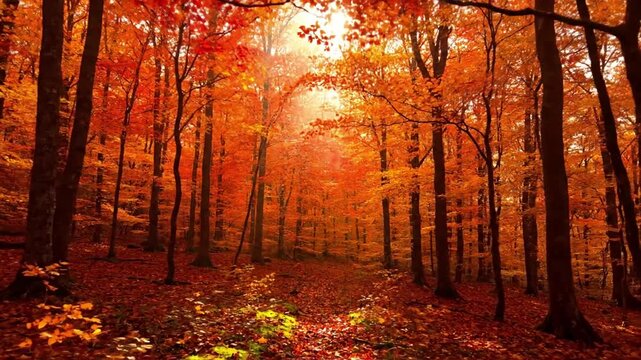 Golden Hour Amber Glow Focusing on the magical quality of light during the golden hour, as warm amber sunlight filters through dense autumn foliage. autumn ambe