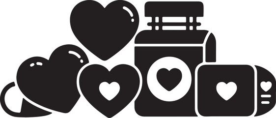 Black and white of a train with hearts and a heart-shaped container