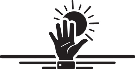 Black silhouette of a hand reaching up to touch a stylized sun with radiating lines on a white background with horizontal lines below
