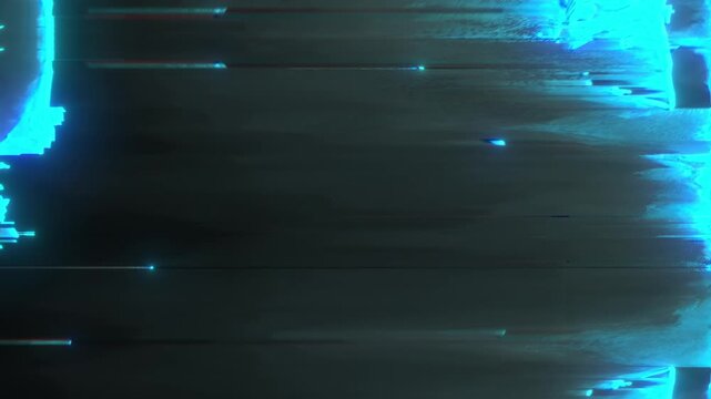 Horizontal blue cyan streak distortion showing digital glitch noise bands scanline breaks layered depth dark background creating continuous signal drift visual texture suited abstract background.