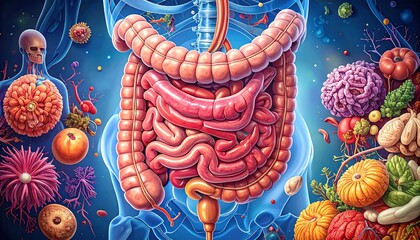Human Digestive System with Healthy Food Illustration.