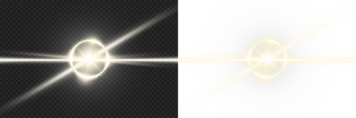 Glowing cosmic starburst lens flare light overlay with radiant beams particles and halo effect on transparent background for futuristic illumination