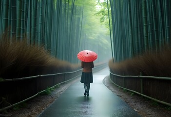 Fototapeta premium A solitary figure walks through a misty bamboo forest in Kyoto