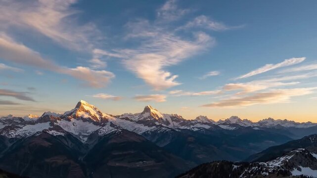 Mountain Serenity Wide shot of a majestic mountain range under a sky filled with 'brush stroke' cirrus clouds during golden hour. mountain cirrus brush