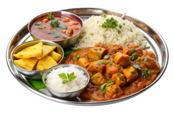 Delicious Indian Thali Meal with Rice and Curry Dishes