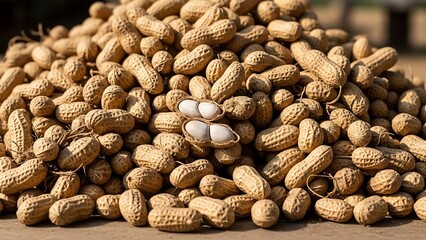 Pile of raw peanuts on table.