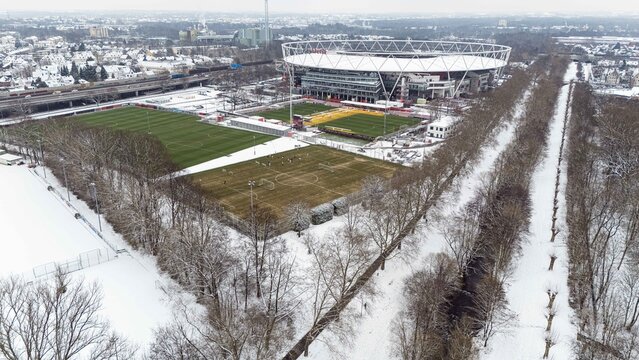 Winter day. Areal landscape, snow and BayArena, stadium Bayer 04 Leverkusen at BayArena