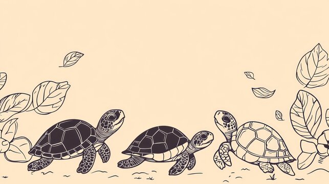 Cute turtles among leaves. Seamless border illustration. Possible use children's book, greeting card
