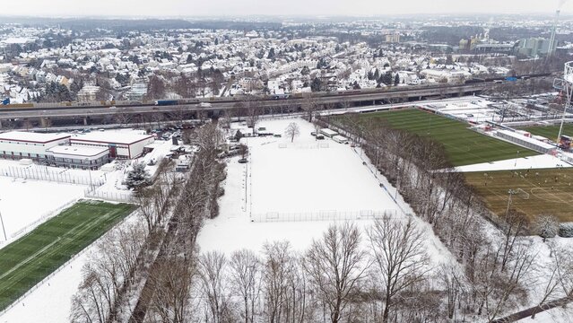 Winter day. Areal landscape, snow and BayArena, stadium Bayer 04 Leverkusen at BayArena