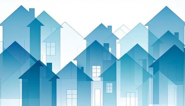 Modern blue houses with arrows pointing up for growth and progress - Powered by Adobe